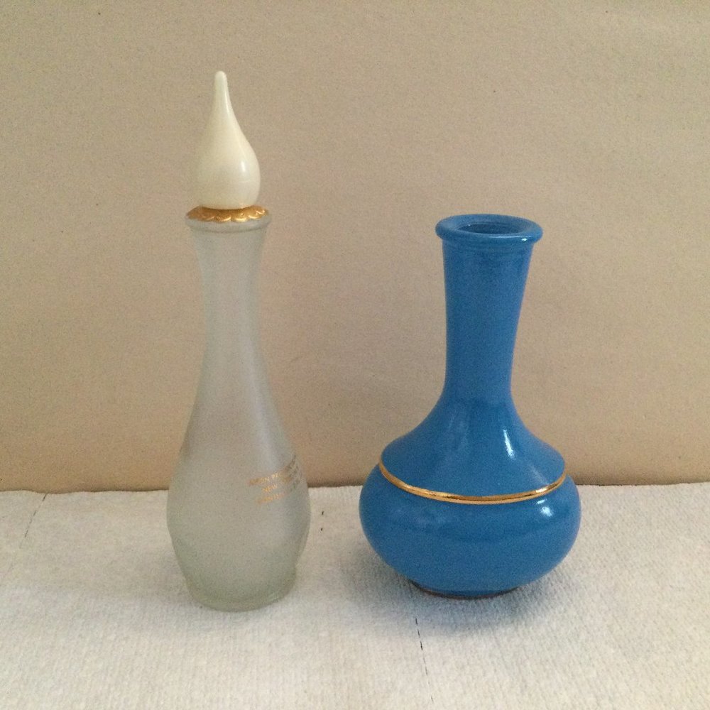 Vintage AVON cotillion cologne bottle with lid and blue decanter without lid